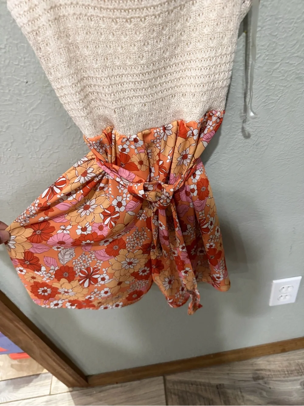 Rare Editions Cream Crochet Bodice Romper with Orange Floral Skirt Like New